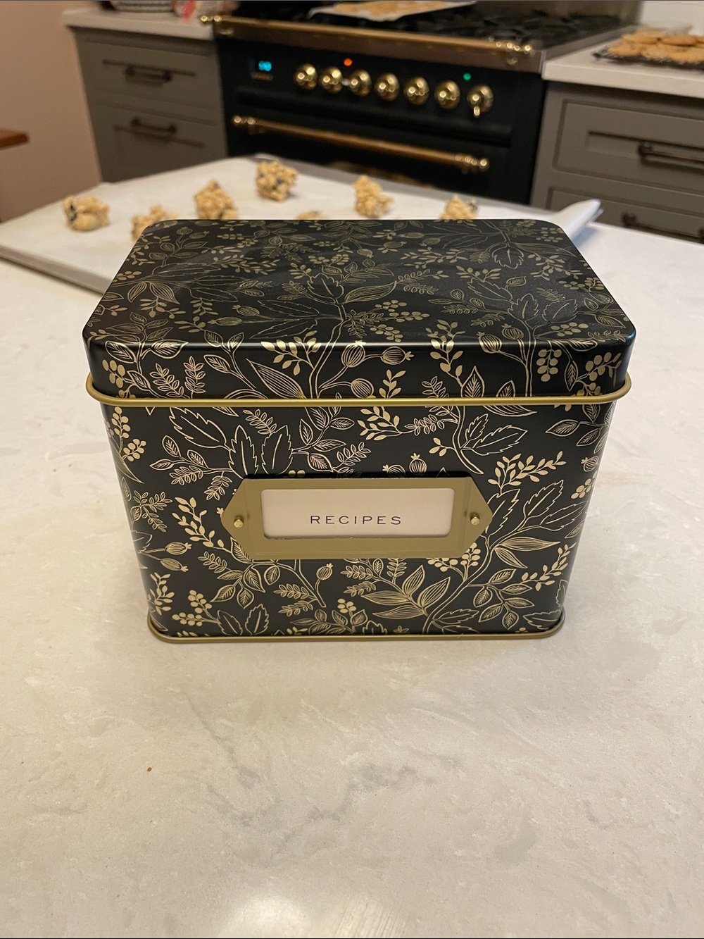 Rifle Paper Co. Recipe Tin in Metallic Gold and Black, unused, packaged cards